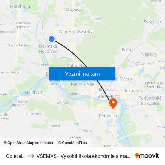 Opletalova, Vw5 to VŠEMVS - Vysoká škola ekonómie a manažmentu, verejnej správy v Bratislave map