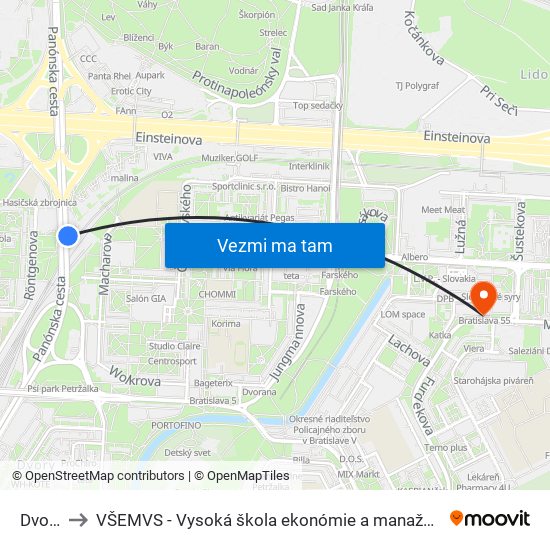 Dvory (X) to VŠEMVS - Vysoká škola ekonómie a manažmentu, verejnej správy v Bratislave map