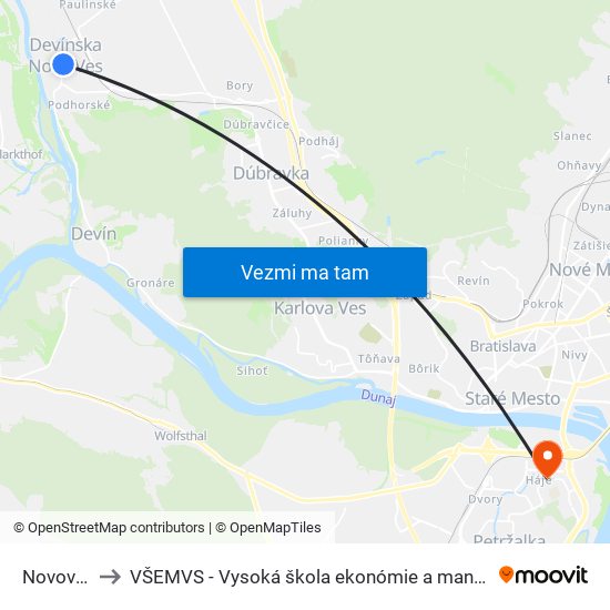 Novoveská (X) to VŠEMVS - Vysoká škola ekonómie a manažmentu, verejnej správy v Bratislave map