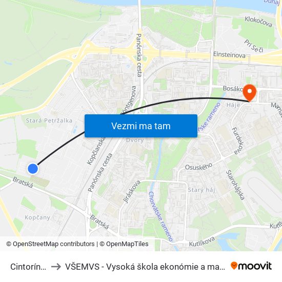 Cintorín Petržalka to VŠEMVS - Vysoká škola ekonómie a manažmentu, verejnej správy v Bratislave map