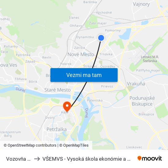 Vozovňa Jurajov Dvor to VŠEMVS - Vysoká škola ekonómie a manažmentu, verejnej správy v Bratislave map