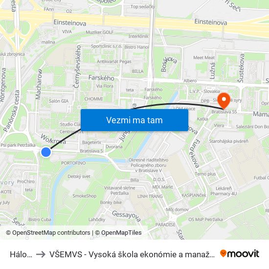 Hálova (X) to VŠEMVS - Vysoká škola ekonómie a manažmentu, verejnej správy v Bratislave map