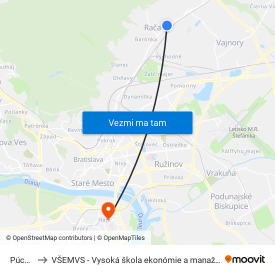 Púchovská to VŠEMVS - Vysoká škola ekonómie a manažmentu, verejnej správy v Bratislave map