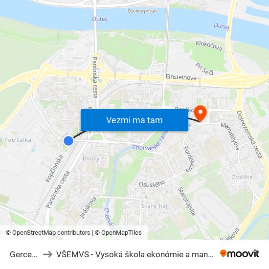 Gercenova (X) to VŠEMVS - Vysoká škola ekonómie a manažmentu, verejnej správy v Bratislave map