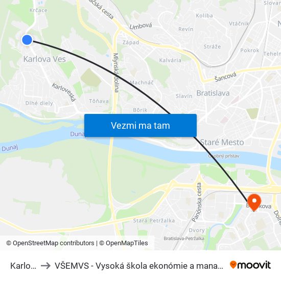 Karlova Ves to VŠEMVS - Vysoká škola ekonómie a manažmentu, verejnej správy v Bratislave map