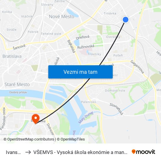 Ivanská Cesta to VŠEMVS - Vysoká škola ekonómie a manažmentu, verejnej správy v Bratislave map
