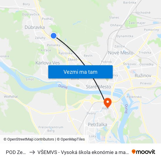 POD Zečákom (X) to VŠEMVS - Vysoká škola ekonómie a manažmentu, verejnej správy v Bratislave map