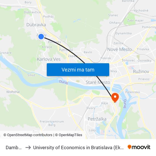 Damborského to University of Economics in Bratislava (Ekonomická univerzita v Bratislave) map