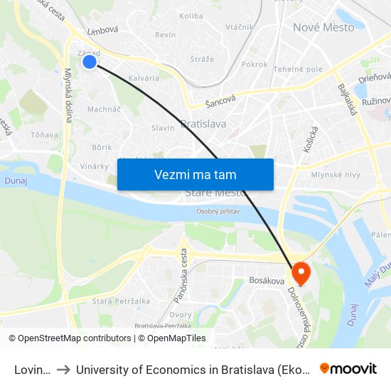 Lovinského to University of Economics in Bratislava (Ekonomická univerzita v Bratislave) map