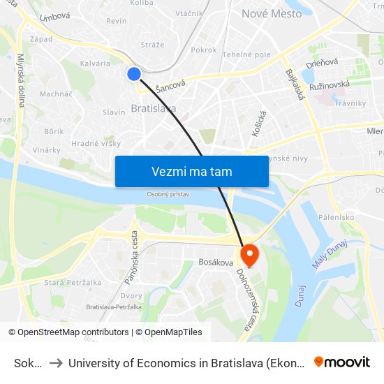 Sokolská to University of Economics in Bratislava (Ekonomická univerzita v Bratislave) map