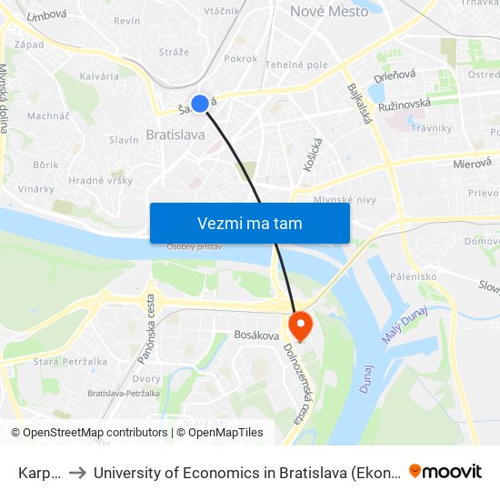 Karpatská to University of Economics in Bratislava (Ekonomická univerzita v Bratislave) map