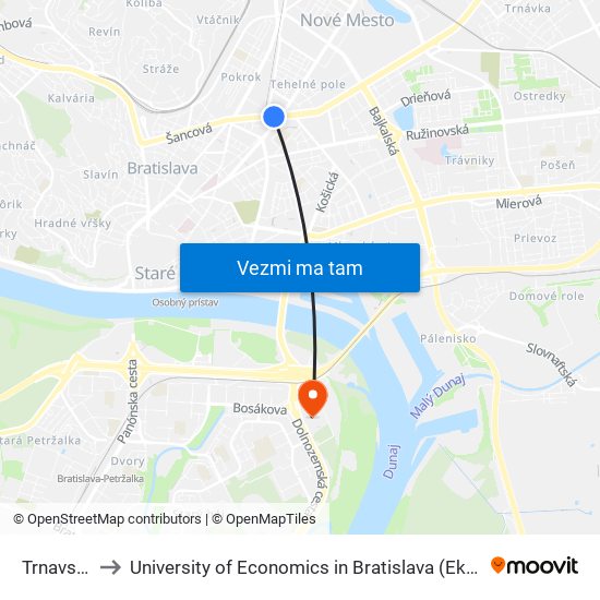 Trnavské Mýto to University of Economics in Bratislava (Ekonomická univerzita v Bratislave) map