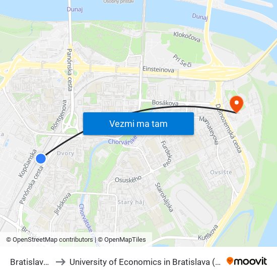 Bratislava-Petržalka to University of Economics in Bratislava (Ekonomická univerzita v Bratislave) map
