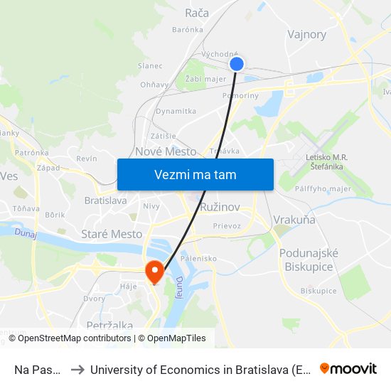 Na Pasekách (X) to University of Economics in Bratislava (Ekonomická univerzita v Bratislave) map