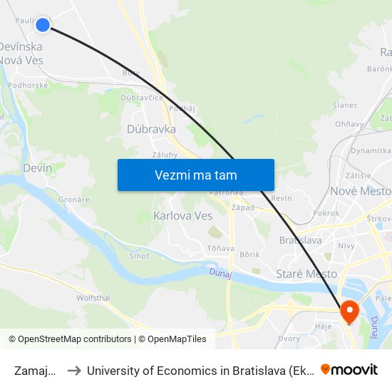 Zamajerské (X) to University of Economics in Bratislava (Ekonomická univerzita v Bratislave) map