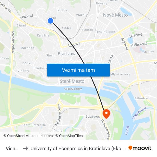 Višňová (X) to University of Economics in Bratislava (Ekonomická univerzita v Bratislave) map
