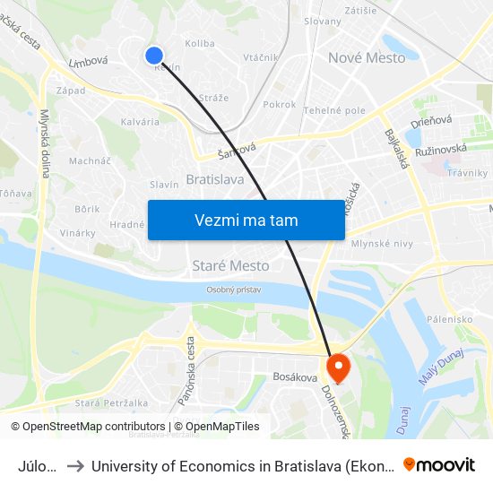 Júlová (X) to University of Economics in Bratislava (Ekonomická univerzita v Bratislave) map