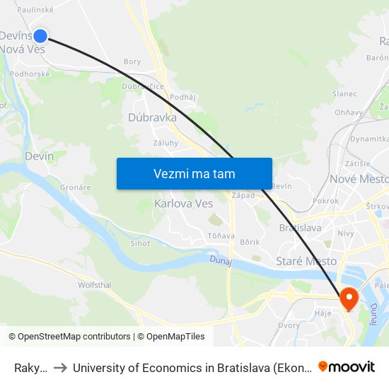 Rakyta (X) to University of Economics in Bratislava (Ekonomická univerzita v Bratislave) map
