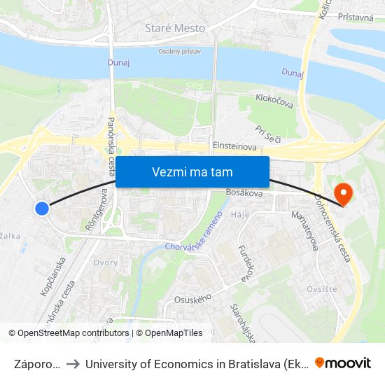 Záporožská (X) to University of Economics in Bratislava (Ekonomická univerzita v Bratislave) map