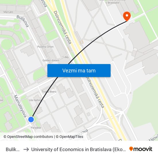 Bulíkova (X) to University of Economics in Bratislava (Ekonomická univerzita v Bratislave) map