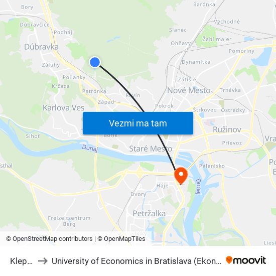 Klepáč (X) to University of Economics in Bratislava (Ekonomická univerzita v Bratislave) map
