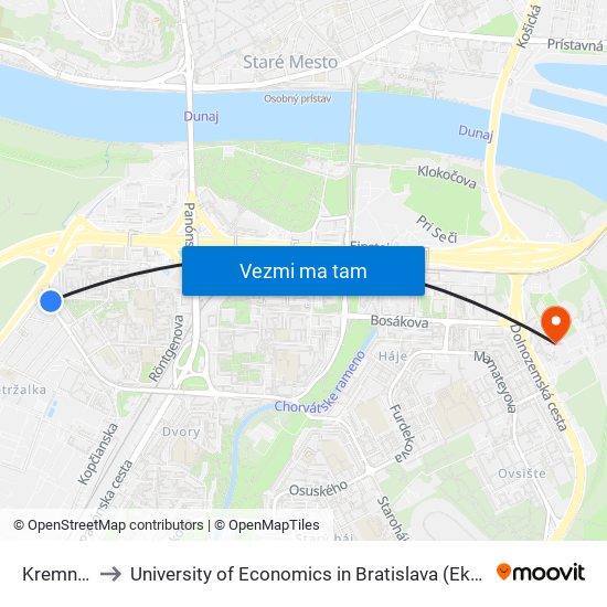 Kremnická (X) to University of Economics in Bratislava (Ekonomická univerzita v Bratislave) map