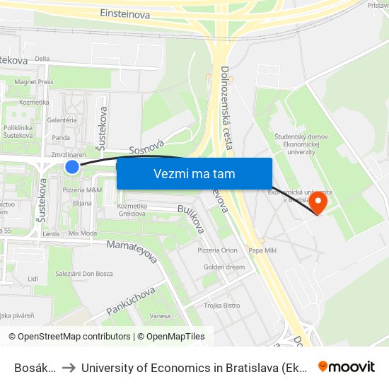 Bosákova (X) to University of Economics in Bratislava (Ekonomická univerzita v Bratislave) map