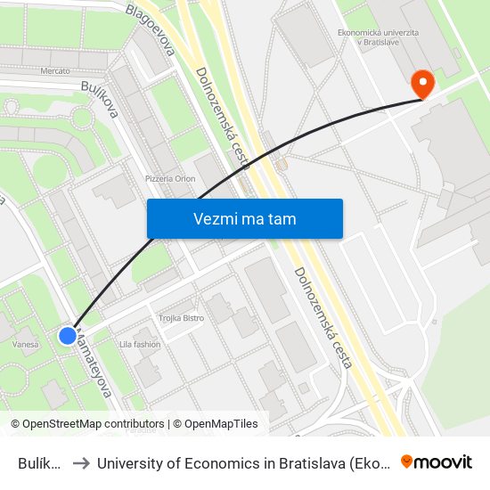 Bulíkova (X) to University of Economics in Bratislava (Ekonomická univerzita v Bratislave) map