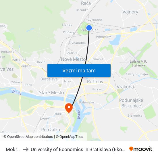 Mokraď (X) to University of Economics in Bratislava (Ekonomická univerzita v Bratislave) map