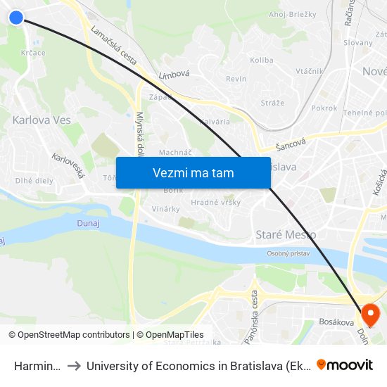 Harmincova (X) to University of Economics in Bratislava (Ekonomická univerzita v Bratislave) map