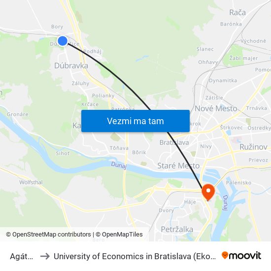 Agátová (X) to University of Economics in Bratislava (Ekonomická univerzita v Bratislave) map