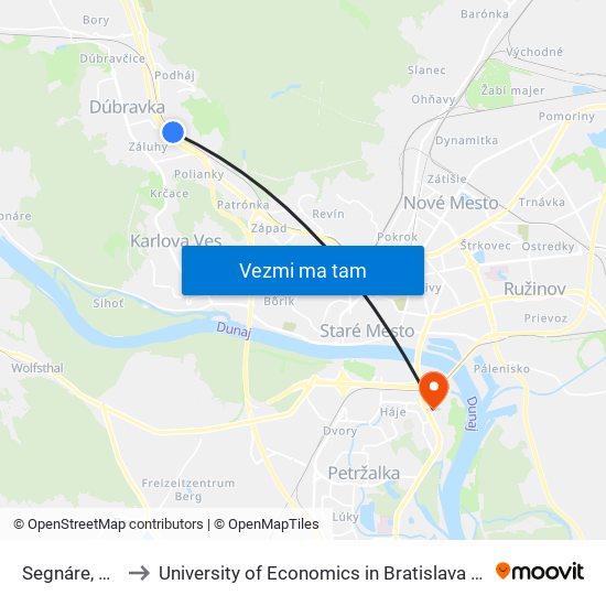 Segnáre, Nadchod (X) to University of Economics in Bratislava (Ekonomická univerzita v Bratislave) map