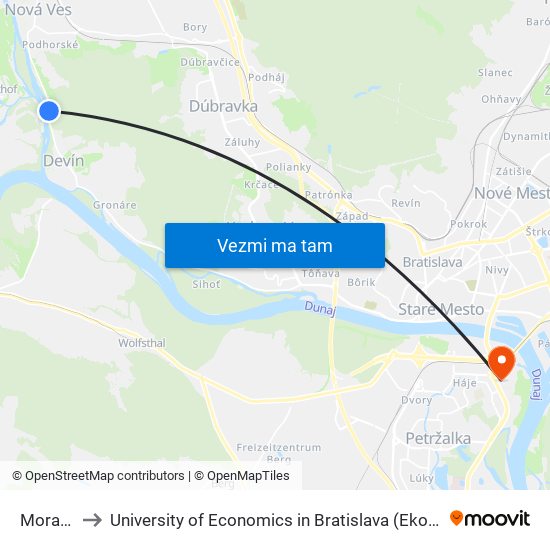 Morava I (X) to University of Economics in Bratislava (Ekonomická univerzita v Bratislave) map