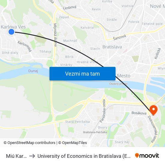 Miú Karlova Ves to University of Economics in Bratislava (Ekonomická univerzita v Bratislave) map