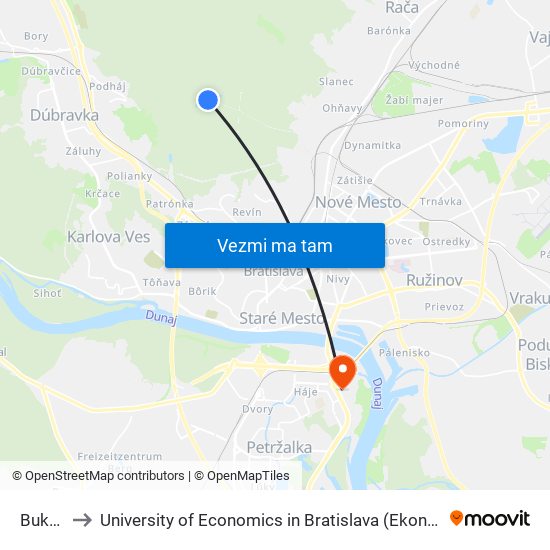 Bukva (X) to University of Economics in Bratislava (Ekonomická univerzita v Bratislave) map