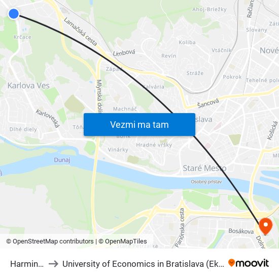 Harmincova (X) to University of Economics in Bratislava (Ekonomická univerzita v Bratislave) map