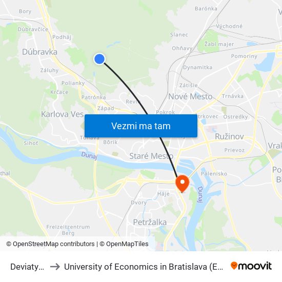 Deviaty Mlyn (X) to University of Economics in Bratislava (Ekonomická univerzita v Bratislave) map