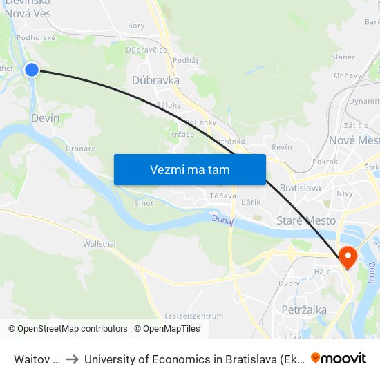 Waitov Lom (X) to University of Economics in Bratislava (Ekonomická univerzita v Bratislave) map