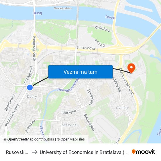 Rusovská Cesta (X) to University of Economics in Bratislava (Ekonomická univerzita v Bratislave) map