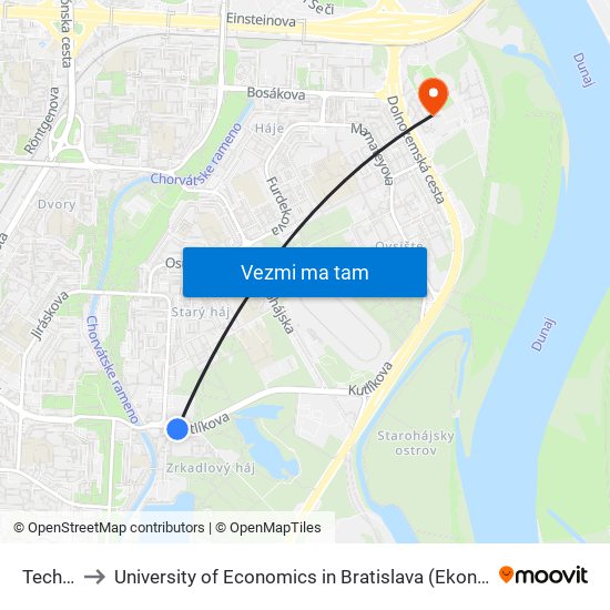 Technopol to University of Economics in Bratislava (Ekonomická univerzita v Bratislave) map
