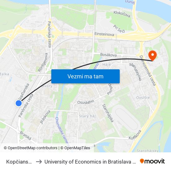 Kopčianska, Stred (X) to University of Economics in Bratislava (Ekonomická univerzita v Bratislave) map