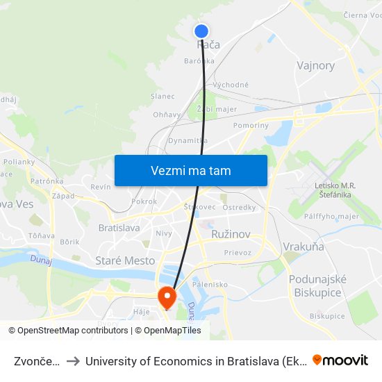 Zvončeková (X) to University of Economics in Bratislava (Ekonomická univerzita v Bratislave) map