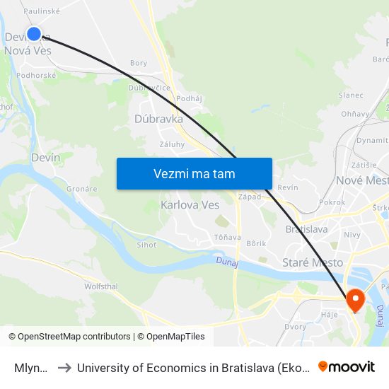 Mlynská (X) to University of Economics in Bratislava (Ekonomická univerzita v Bratislave) map