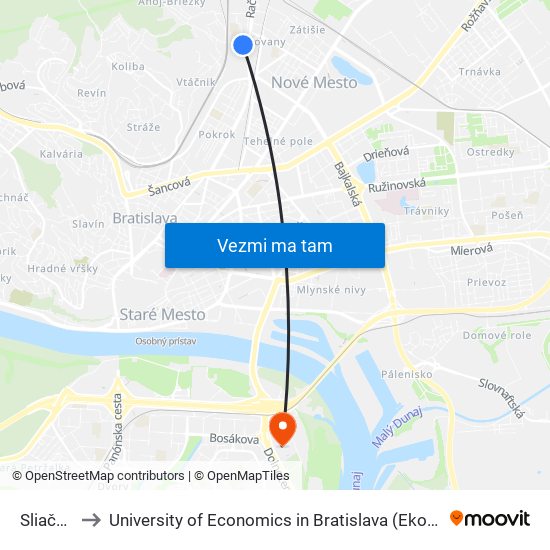 Sliačska (X) to University of Economics in Bratislava (Ekonomická univerzita v Bratislave) map