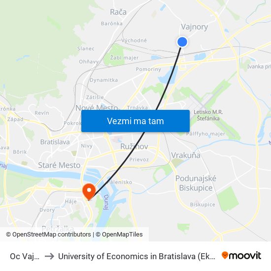 Oc Vajnory (X) to University of Economics in Bratislava (Ekonomická univerzita v Bratislave) map