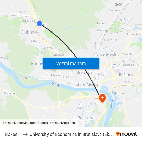 Bakošova (X) to University of Economics in Bratislava (Ekonomická univerzita v Bratislave) map