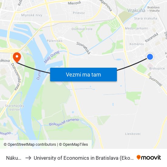 Nákupná (X) to University of Economics in Bratislava (Ekonomická univerzita v Bratislave) map