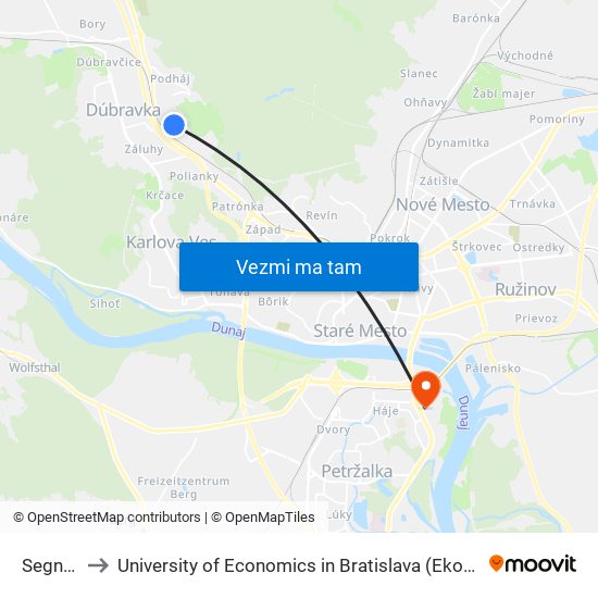 Segnáre (X) to University of Economics in Bratislava (Ekonomická univerzita v Bratislave) map