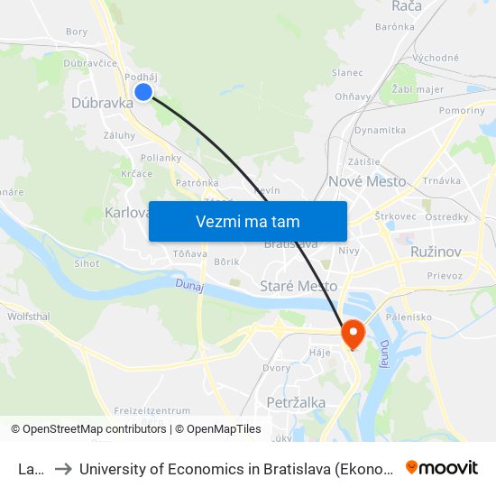 Lamač to University of Economics in Bratislava (Ekonomická univerzita v Bratislave) map