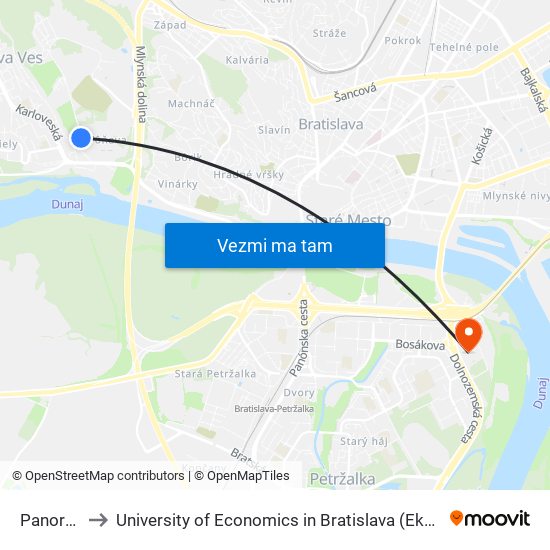 Panoráma (X) to University of Economics in Bratislava (Ekonomická univerzita v Bratislave) map